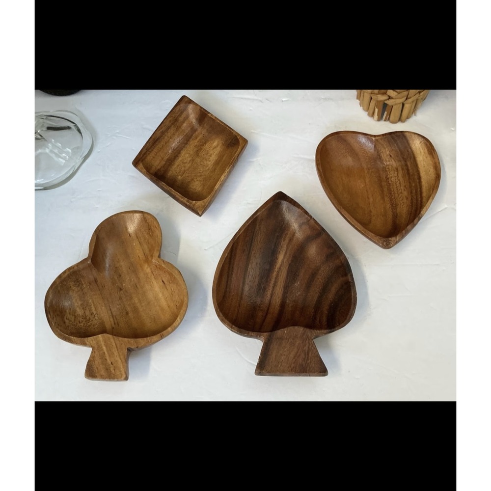 Vintage Wooden Card Suit Bowls Set of 4 | Club Spade Heart Diamond Trinket Trays